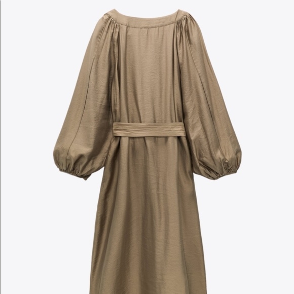Zara NWT 🏷️ Khaki A-Line Dress With Belt Long Sleeves Room To Move XL - Picture 11 of 11
